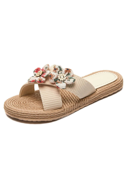 EMERY ROSE Colorblock Flower Decor Cross Strap Slides