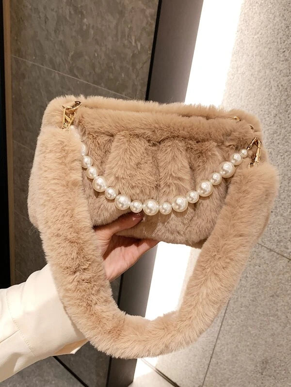 Faux Pearl Decor Fluffy Ruched Bag