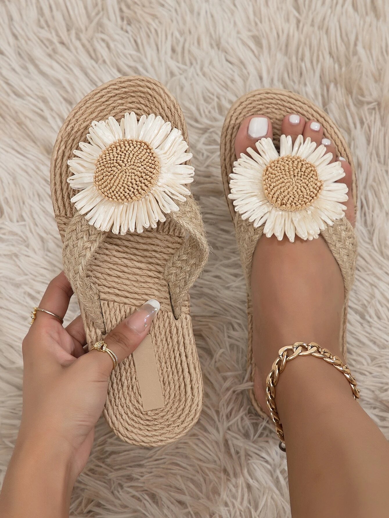 Linen Flower Decor Flip Flops