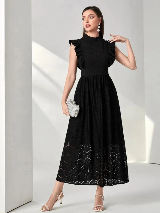 Mock Neck Ruffle Trim Contrast Lace Dress