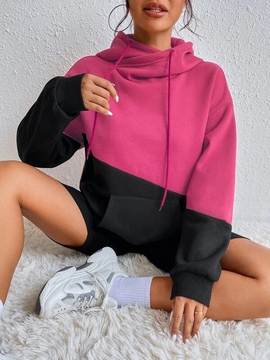 Colorblock Kangaroo Pocket Drawstring Hoodie