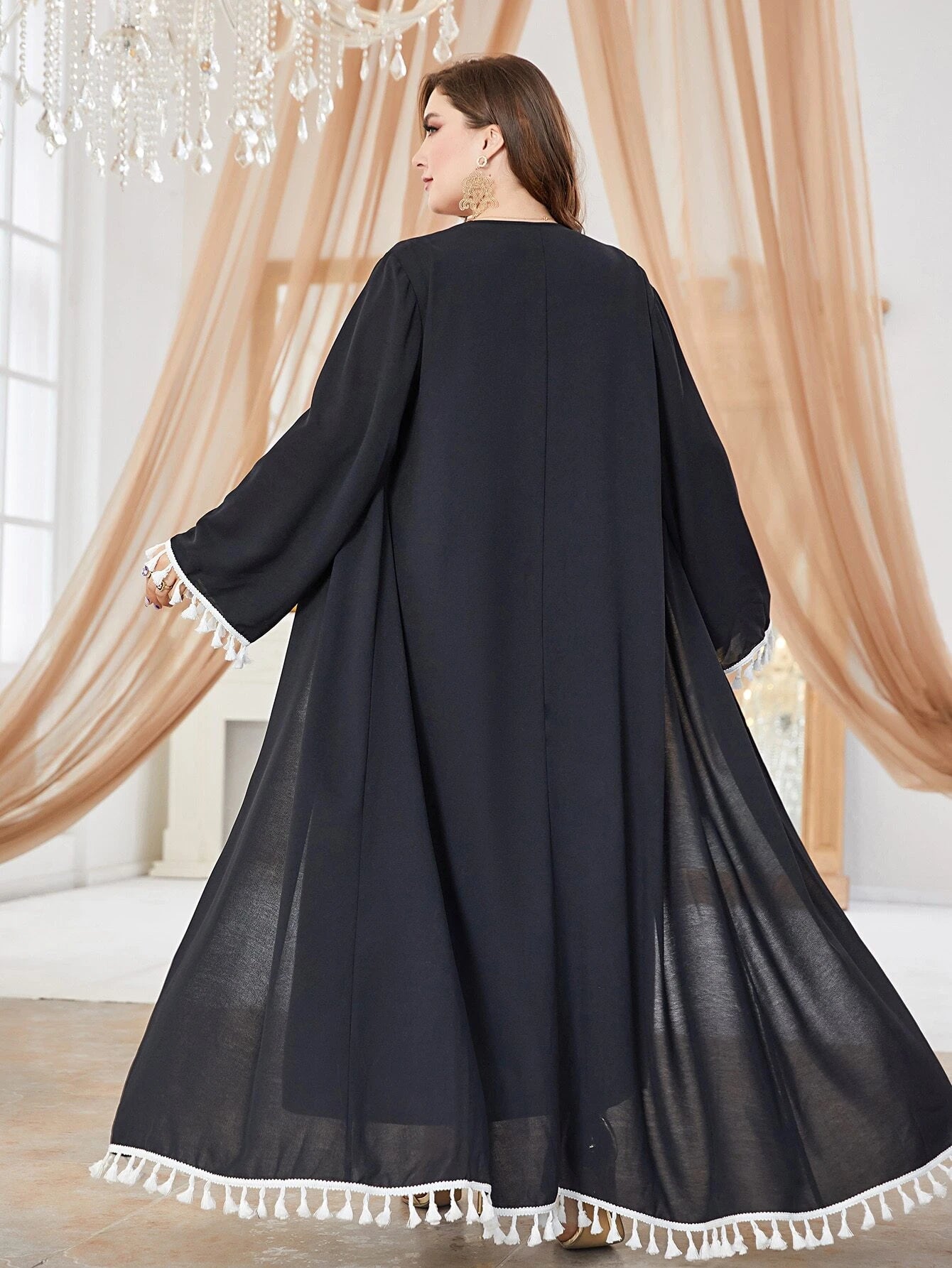 SHEIN Najma Plus Tassel Trim Belted Coat & Dress Set