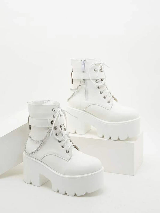 Chain & Studded Decor Lace-up Boots