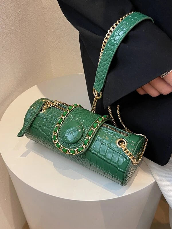 Crocodile Embossed Chain Bucket Bag