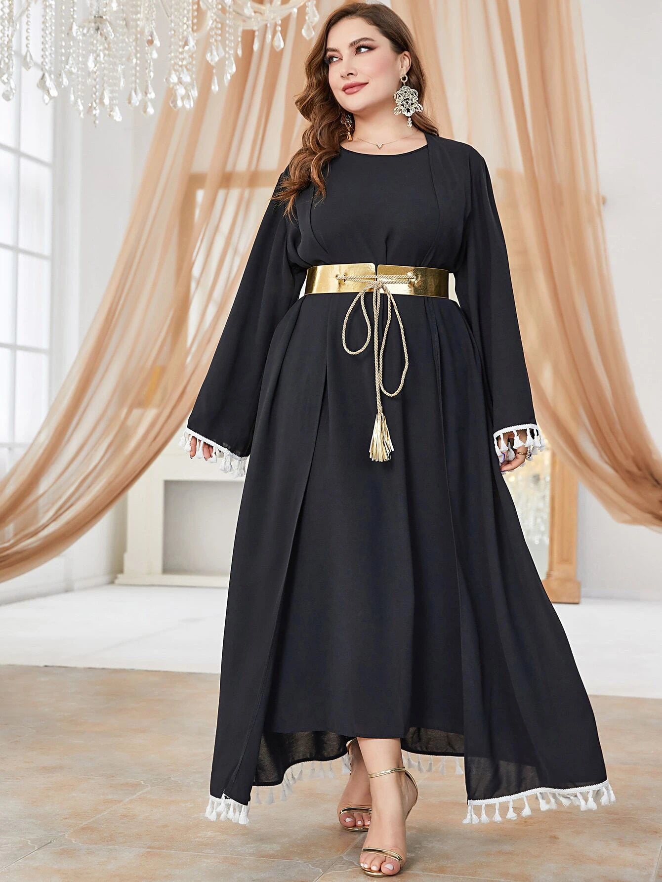 SHEIN Najma Plus Tassel Trim Belted Coat & Dress Set