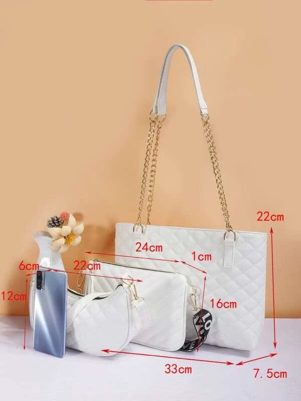 3pcs Quilted Detail Chain Tote Bag Set