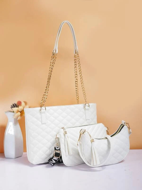 3pcs Quilted Detail Chain Tote Bag Set