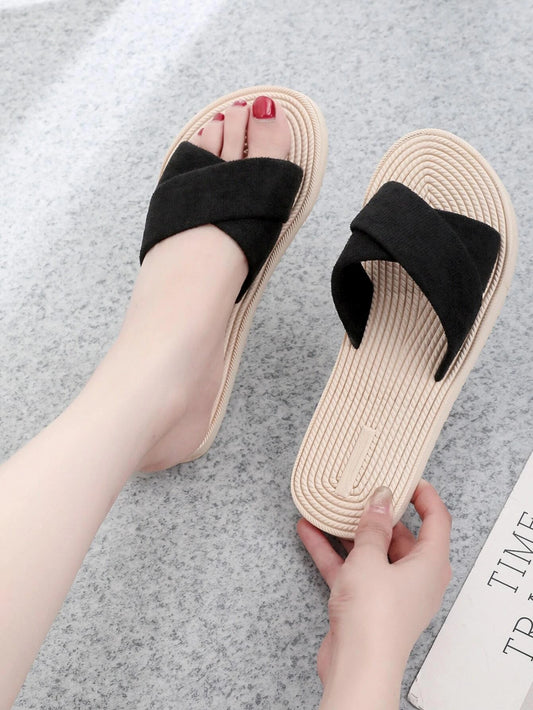 Women Cross Strap Slides, Polyester Vacation Slides Black