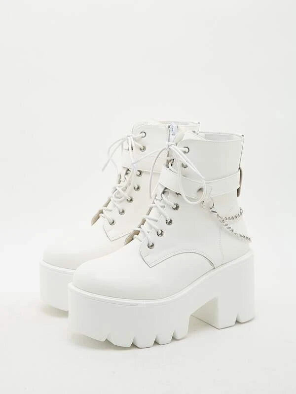 Chain & Studded Decor Lace-up Boots