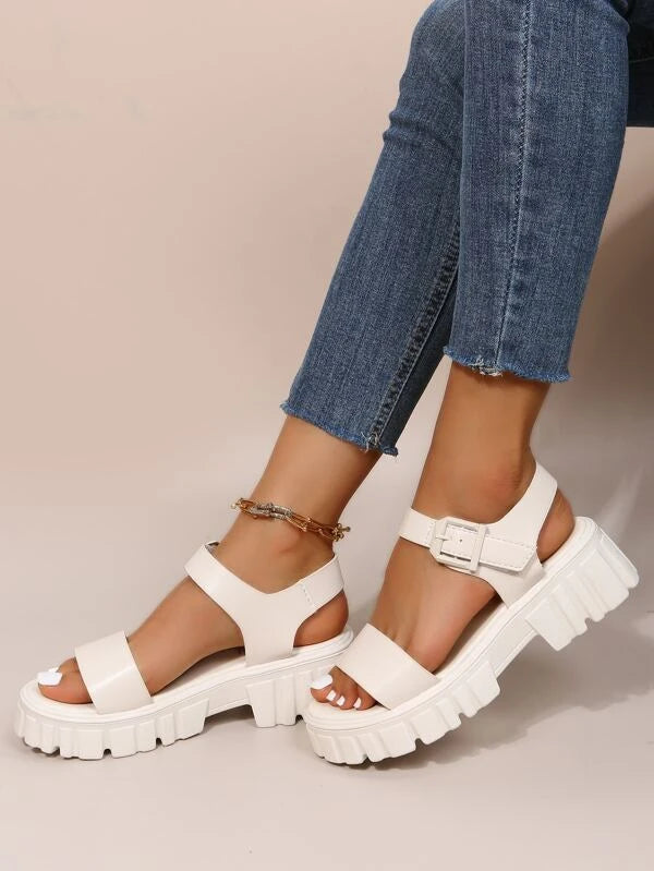 Women Minimalist Buckle Detail Ankle Strap White Wedge Sandals