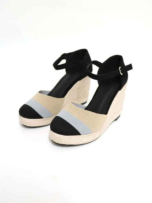 Women Color Block Espadrille Ankle Strap Wedge Court Shoes, Vacation Outdoor Fabric Wedge Shoes