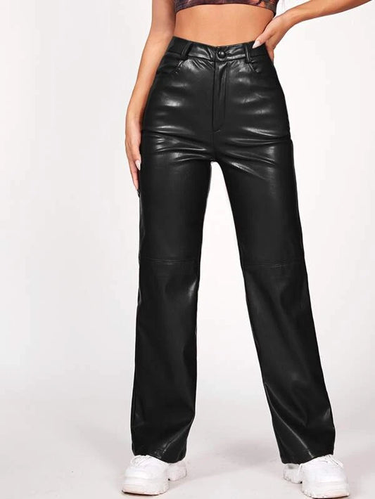 SHEIN X Aurora Celli Solid PU Leather Straight Leg Pants