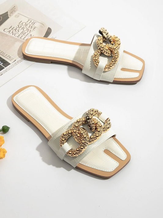 Metal Chain Decor Slide Sandals