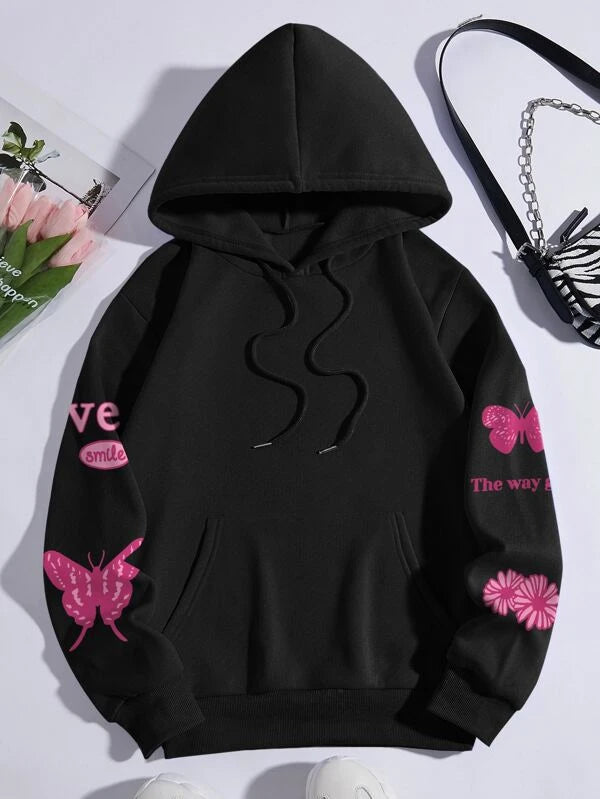 Butterfly And Letter Graphic Kangaroo Pocket Thermal Lined Drawstring Hoodie