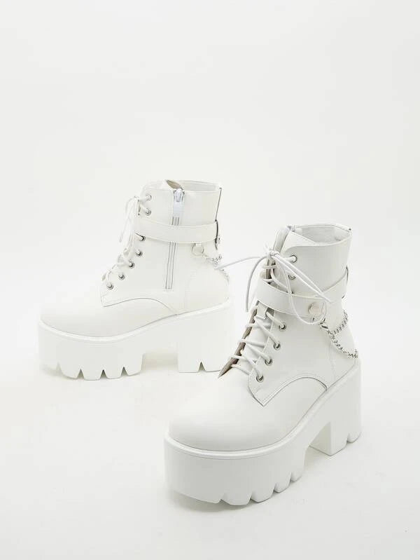 Chain & Studded Decor Lace-up Boots
