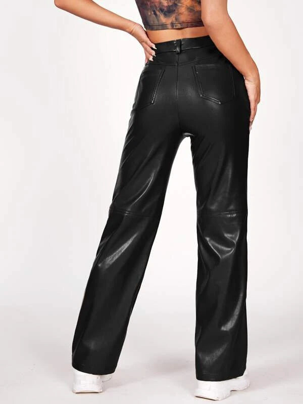 SHEIN X Aurora Celli Solid PU Leather Straight Leg Pants