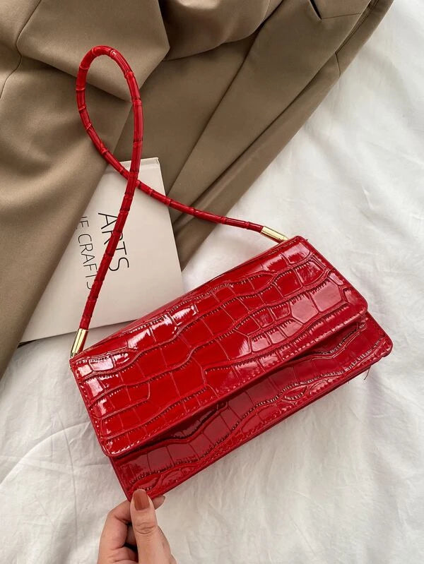 Neon Red Crocodile Embossed Flap Baguette Bag