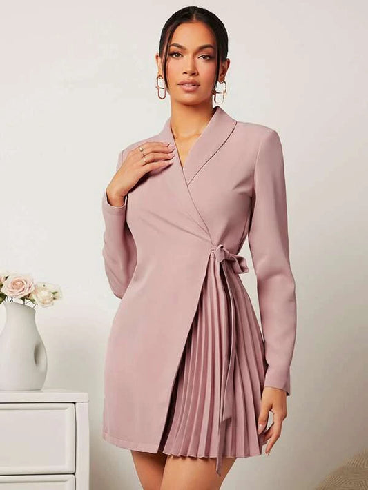 Unity Shawl Collar Fold Pleated Knot Side Blazer Dress