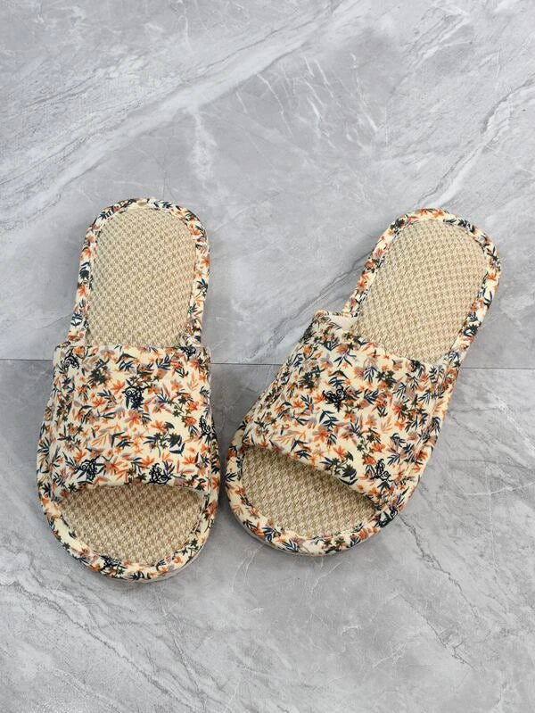 Women Single Band Floral Pattern Bedroom Slippers, Fashionable Indoor Polyester Home Slippers