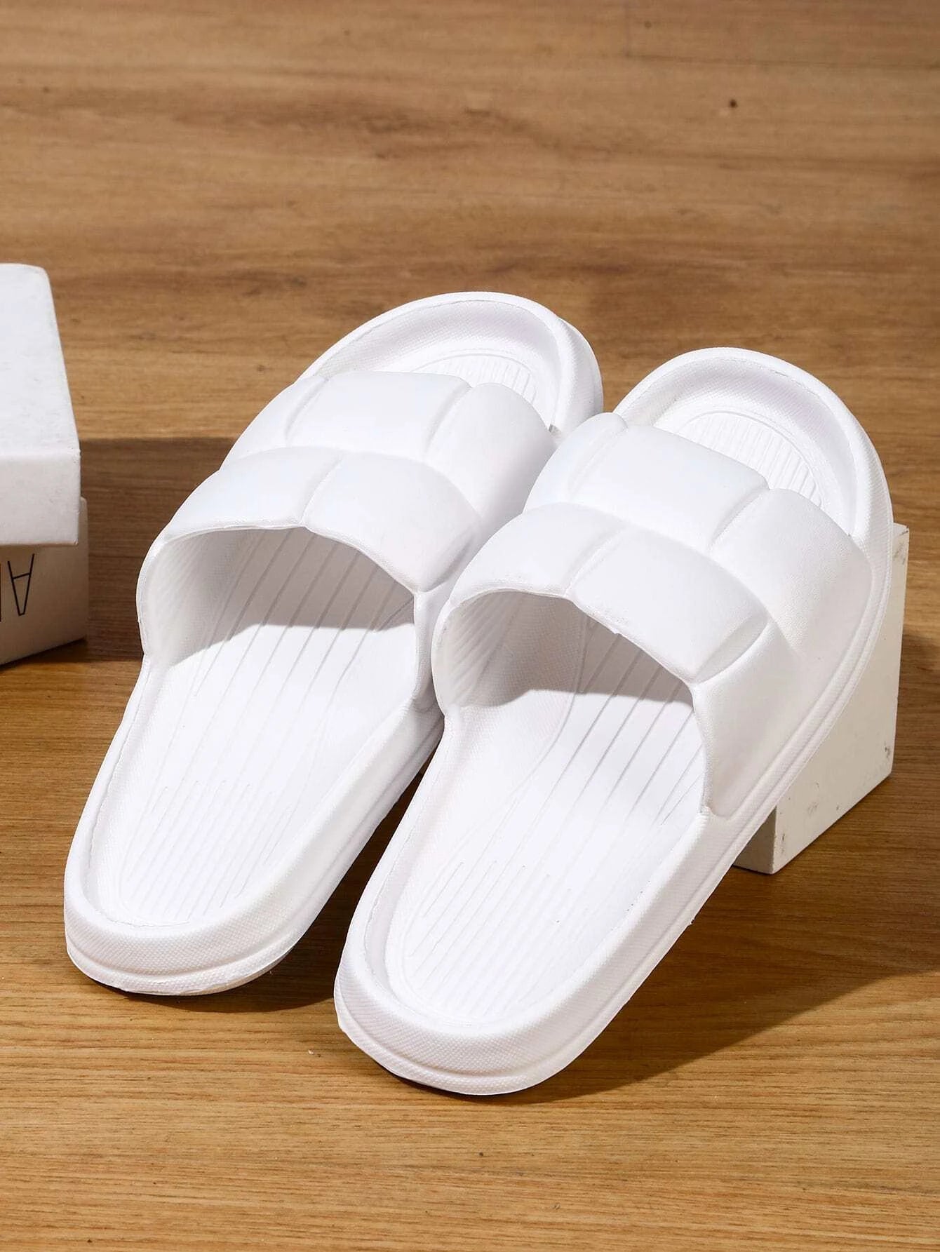 Fashion White Slide Shoes For Women, Geometric Embossed EVA Slides