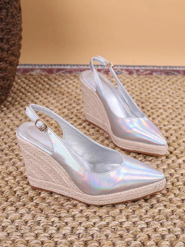 Vacation Silver Slingback Wedge Shoes For Women, Holographic Point Toe Espadrille Shoes