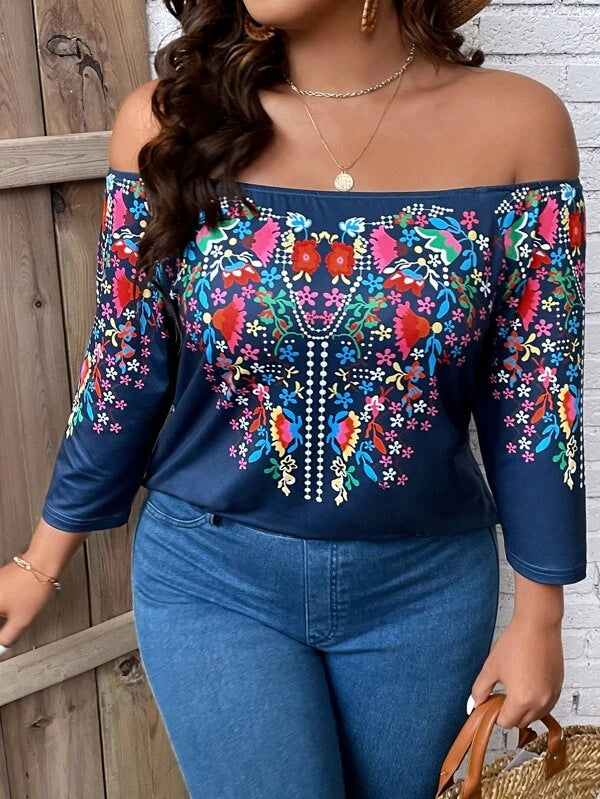 Plus Floral Print Off Shoulder Tee