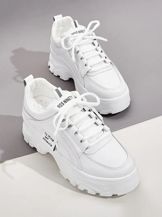 Women Lace-Up Front Chunky Sneakers White Flatform Shoes