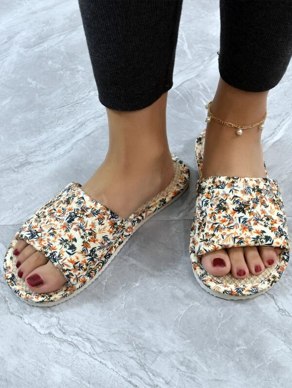Women Single Band Floral Pattern Bedroom Slippers, Fashionable Indoor Polyester Home Slippers
