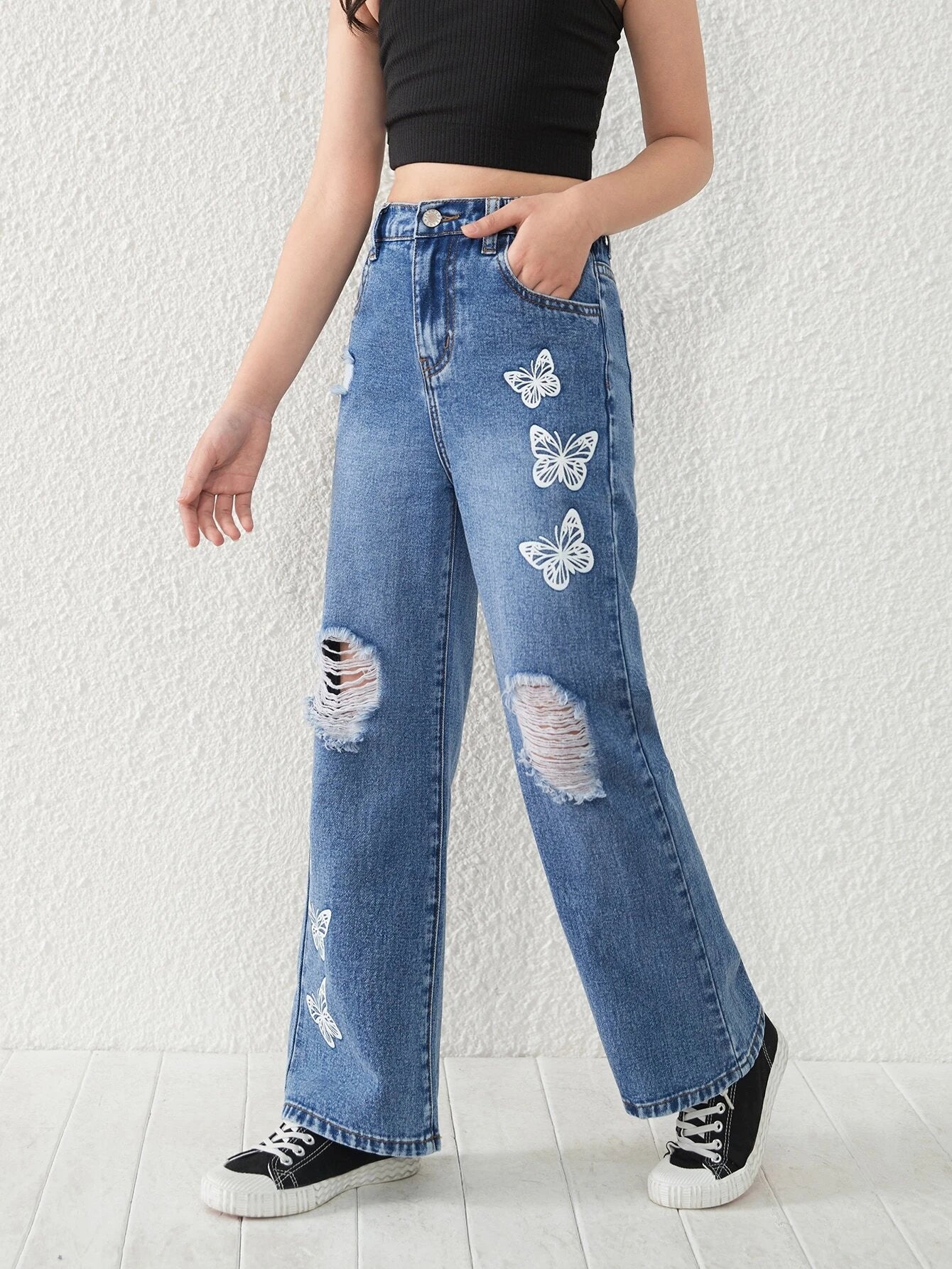 Girls Butterfly Print Ripped Straight Leg Jeans