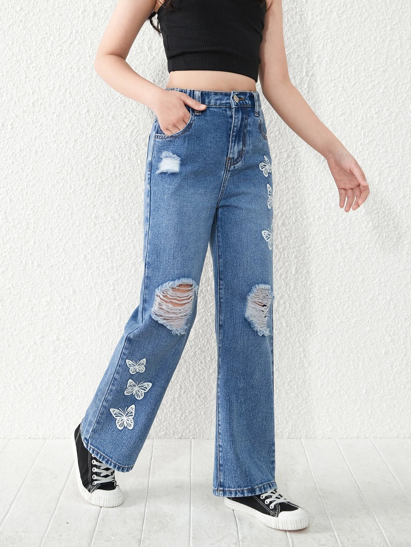 Girls Butterfly Print Ripped Straight Leg Jeans