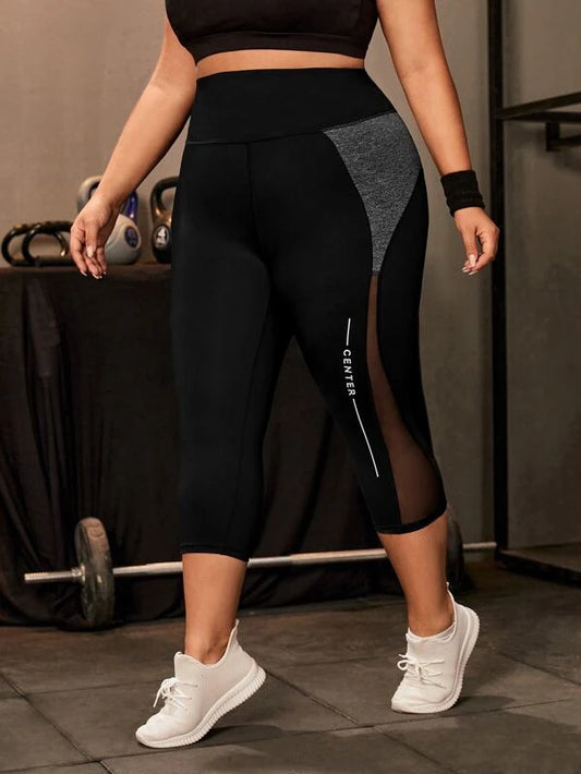 Plus Letter Graphic Colorblock Contrast Mesh Sports Leggings