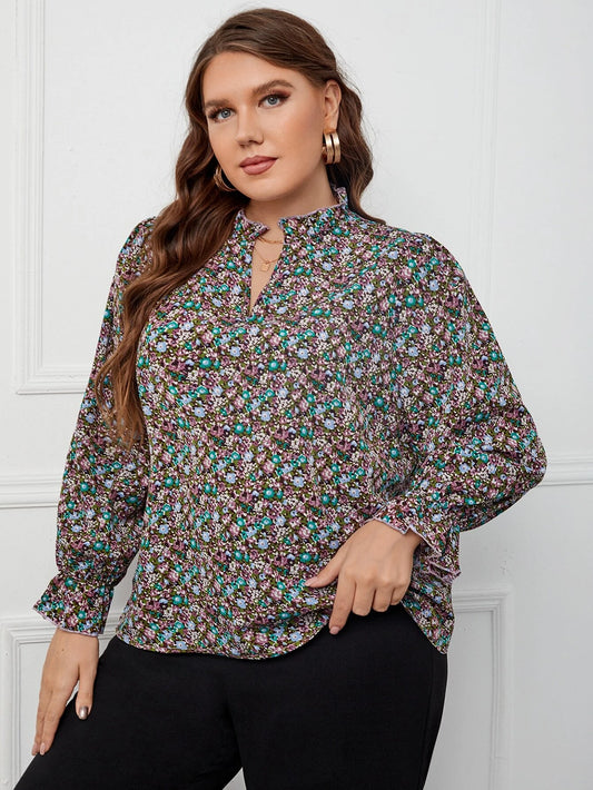 EMERY ROSE Plus Ditsy Floral Flounce Sleeve Frilled Neck Blouse