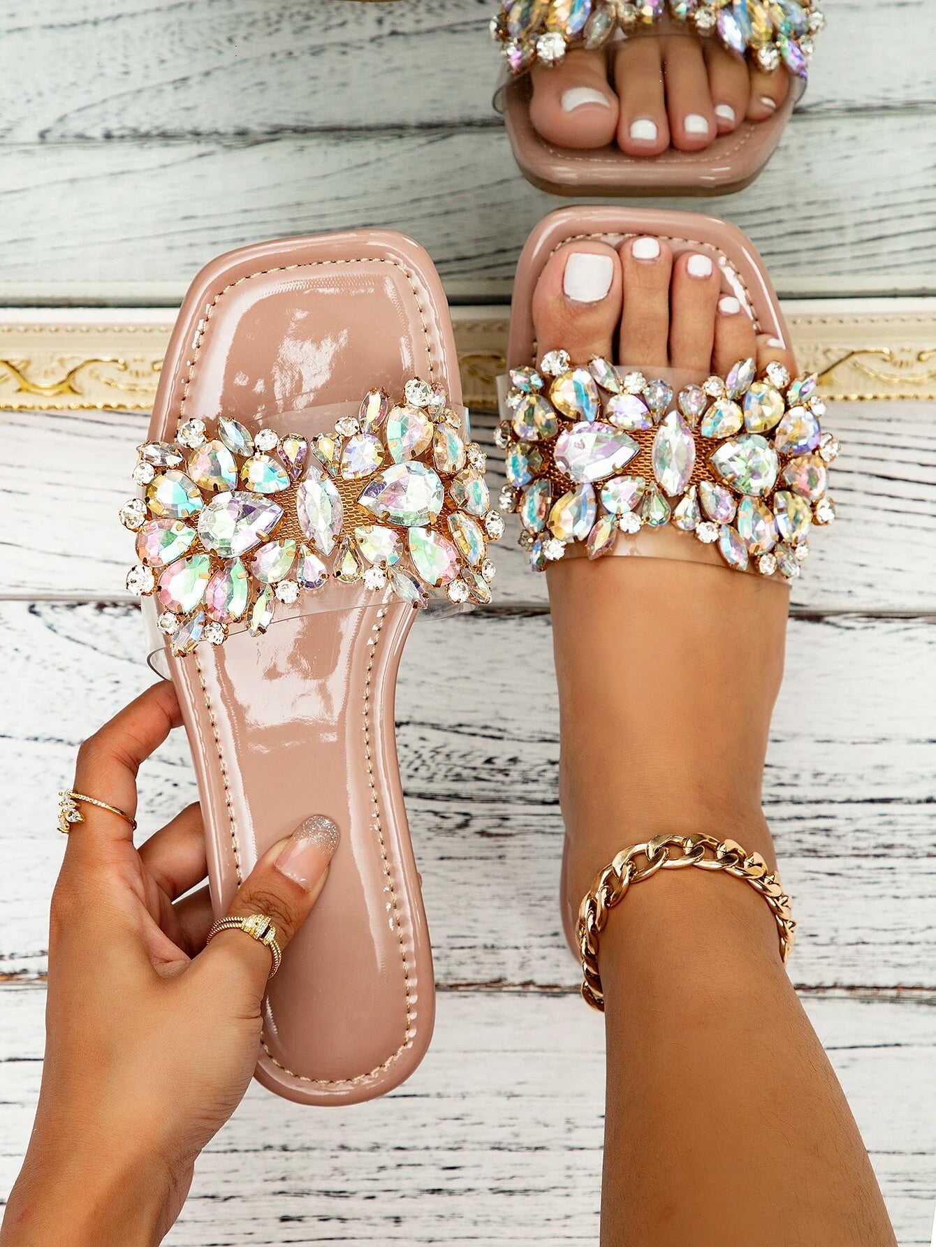 Glamorous Summer Party Flat Slippers for Women, Rhinestone Decor PVC Open Toe Slide Sandals