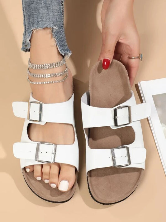 Women Double Buckle Decor Flat Sandals, Fashion White Slide Sandals