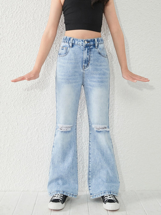Girls Ripped Flare Leg Jeans