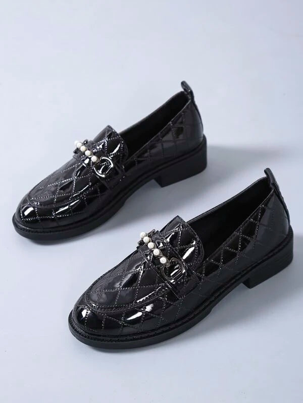 Faux Pearl Decor Quilted Pattern Loafers