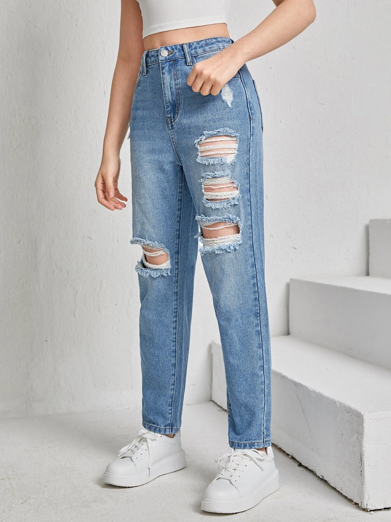 SHEIN Teen Girls Ripped Jeans
