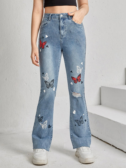 Teen Girls Butterfly Print Ripped Flare Leg Jeans