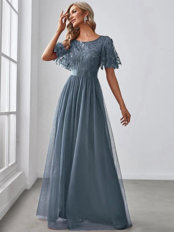 EVER-PRETTY Embroidery & Sequin Bodice Mesh Prom Dress