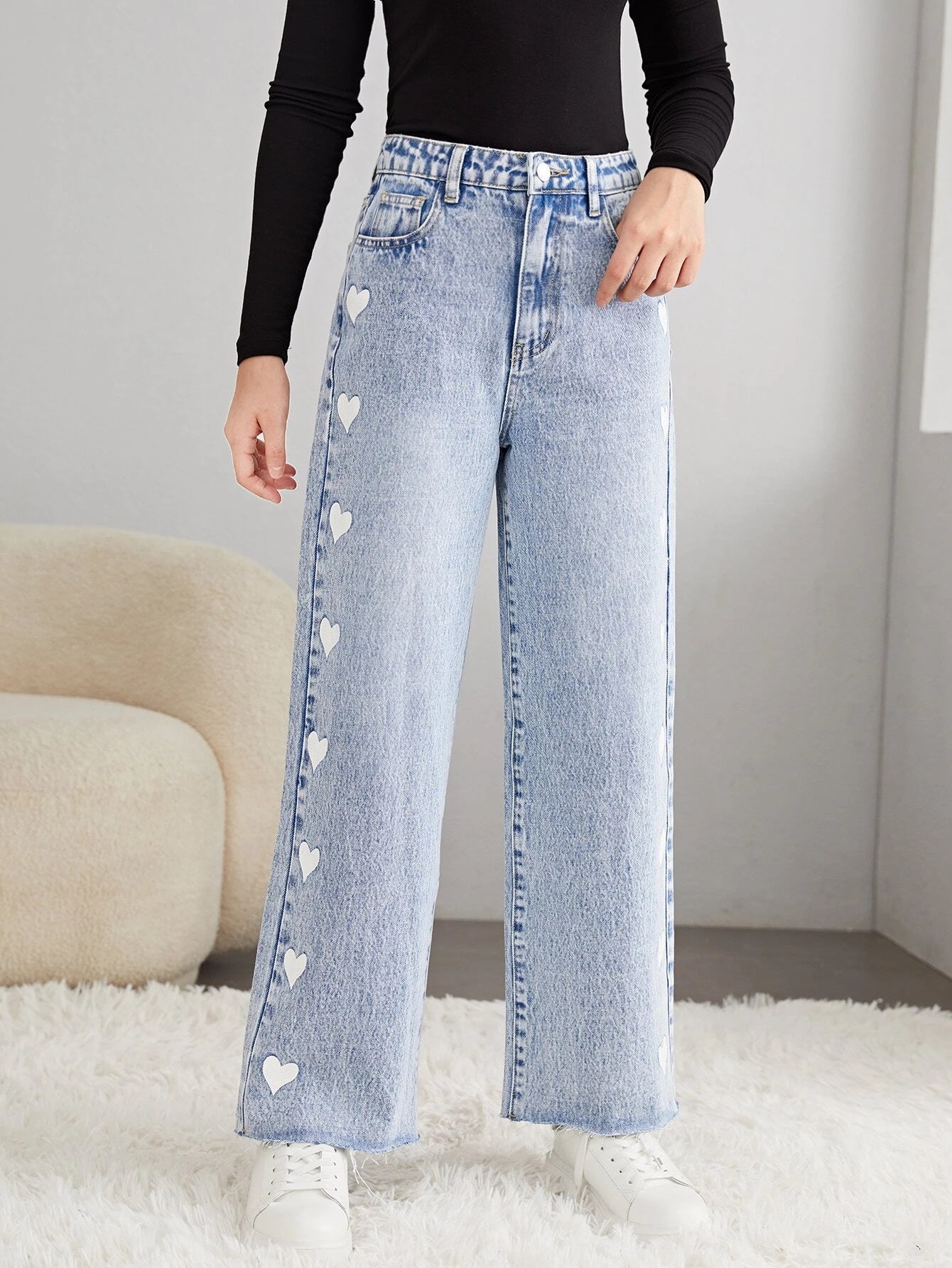 SHEIN Butterfly Print Ripped Straight Leg Jeans