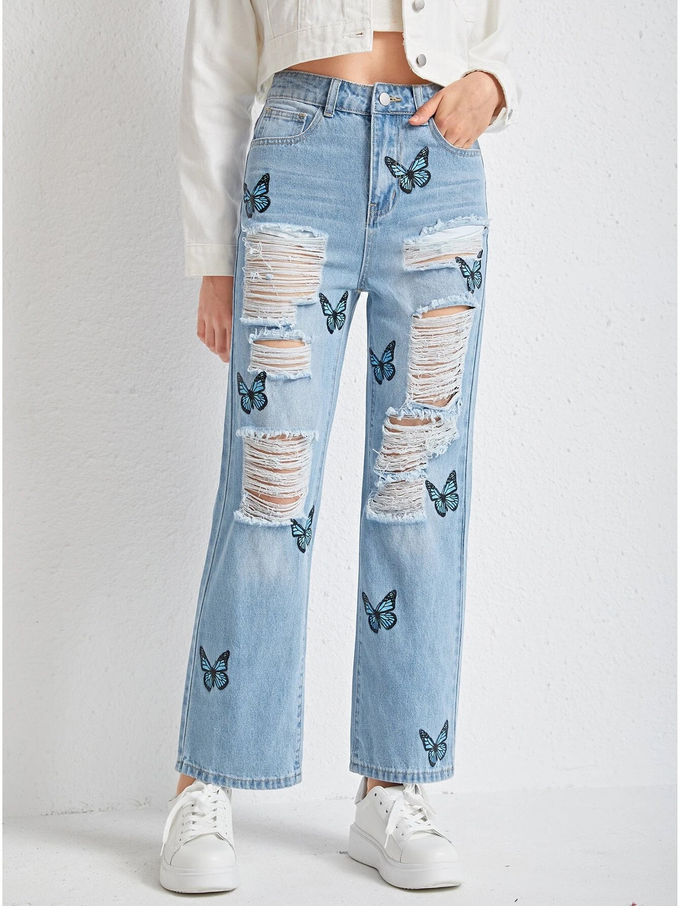 Teen Girls Butterfly Print Ripped Jeans
