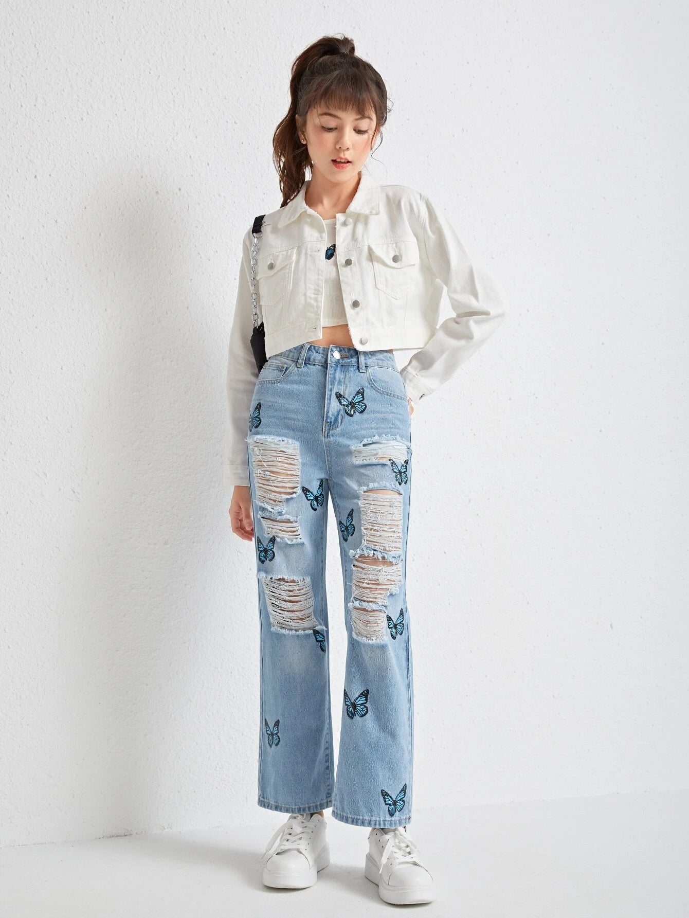 Teen Girls Butterfly Print Ripped Jeans