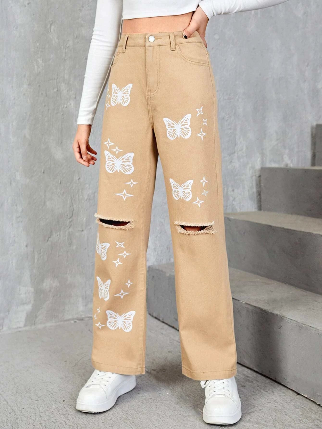 Teen Girls Butterfly & Star Print Ripped Jeans