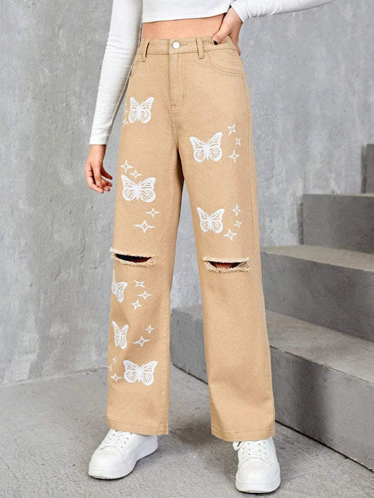 Teen Girls Butterfly & Star Print Ripped Jeans