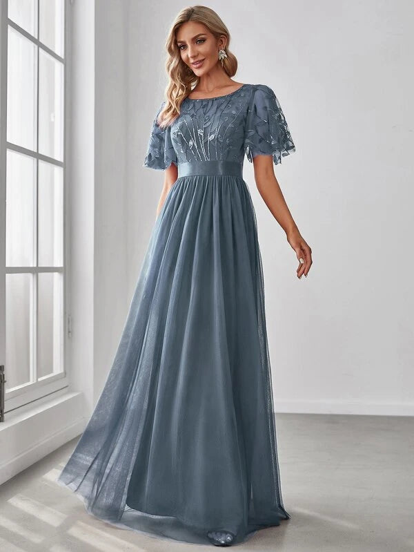 EVER-PRETTY Embroidery & Sequin Bodice Mesh Prom Dress