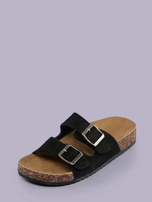 Double Buckle Cork Footbed Slide Sandals