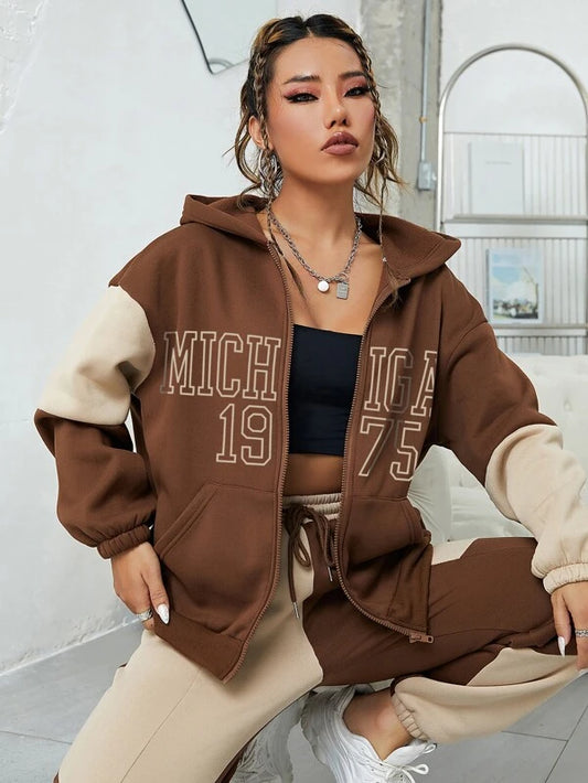 Letter Graphic Zip Up Drop Shoulder Hoodie