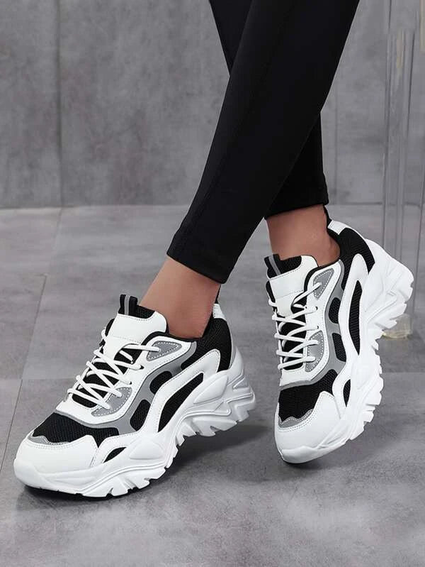 Black Colorblock Lace-Up Front Chunky Sneakers