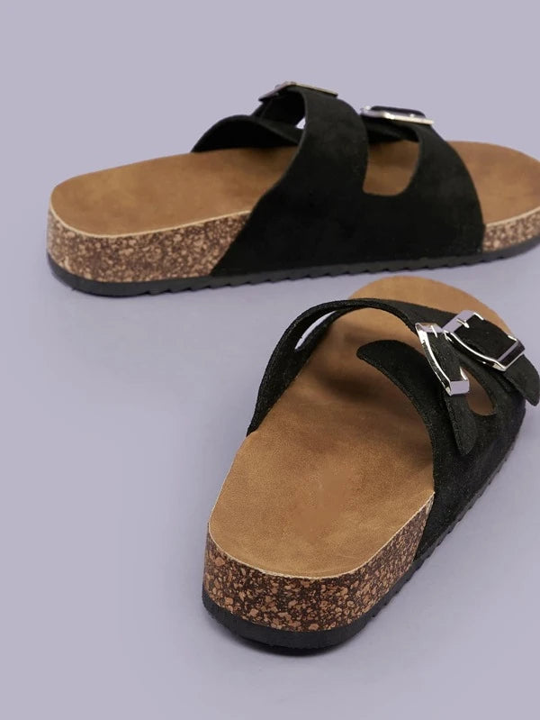 Double Buckle Cork Footbed Slide Sandals