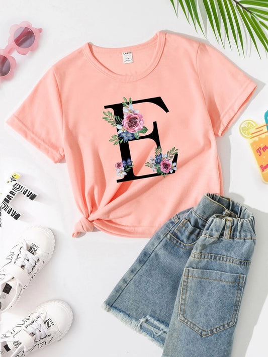 Girls 1pc Floral & Letter Graphic Tee